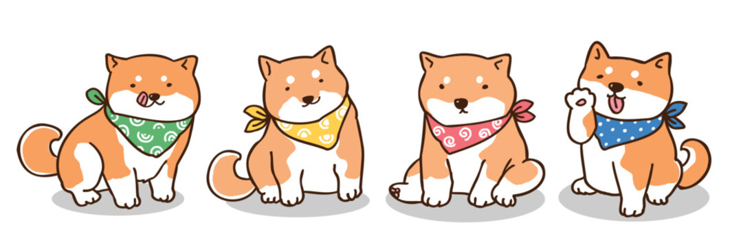 Vector Illustration of Cartoon Shiba Inu Dog Characters on Isolated Background