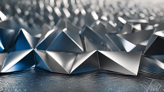 Silver spikes pyramid origami shapes on a textured surface. silver stars background