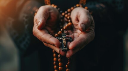 Weathered hands hold a crucifix rosary tightly, a profound symbol of faith and prayer. True to his religion. Hands holding a Rosary in prayer. - obrazy, fototapety, plakaty