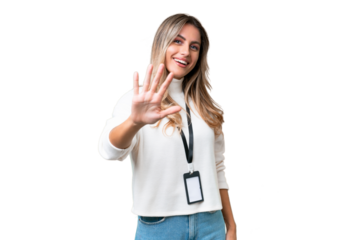 Young Uruguayan woman with ID card over isolated background counting five with fingers
