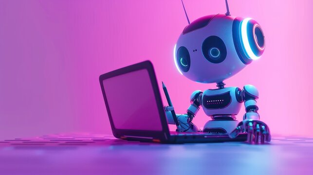 An adorable robotic assistant busily works on a laptop