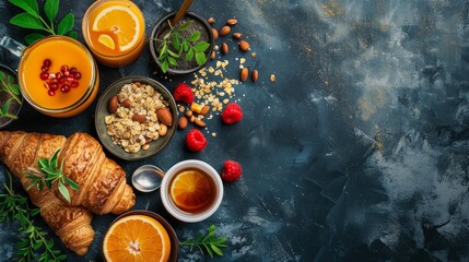 Obraz na płótnie Canvas Breakfast served with coffee, orange juice, croissants, cereals and fruits. Balanced diet