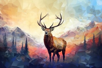 Deer on a rock by river in painting of natural landscape