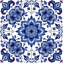 Tile Design: Azulejo Inspired Intricate Florals, Square Background, Hand Edited Generative AI