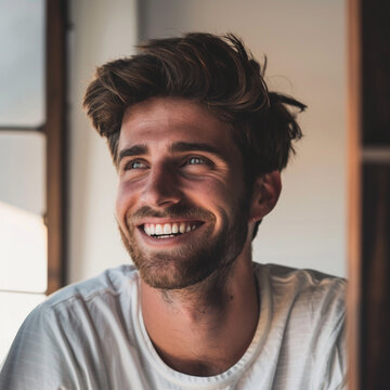 Attractive handsome young man profile picture. He has beautiful hair,  skin, smile, perfect teeth a beard and gorgeous eyes. 