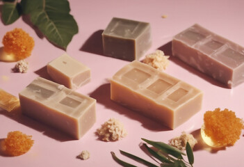 Natural soap bars with ingredients Diy cosmetics products Spa bath still life isometric view