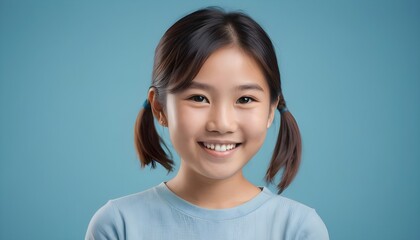 Portrait of cute Asian kid, child, on a plain blue background 