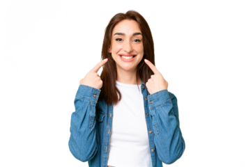 Young caucasian woman over isolated chroma key background smiling with a happy and pleasant expression