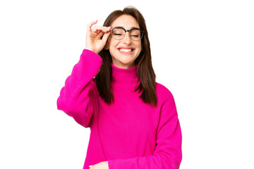 Young caucasian woman over isolated chroma key background with glasses and happy