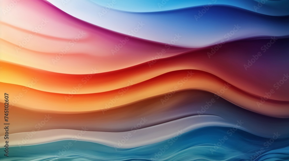 Poster flowing abstract design created by vibrant layered waves transitioning from warm to cool tones