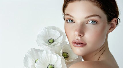 Fototapeta premium beauty portrait of a girl with perfect radiant skin and a bouquet of white spring anemones, the concept of natural beauty and gentle skin care, copy space