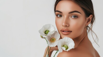 beauty portrait of a girl with perfect radiant skin and a bouquet of white spring anemones, the concept of natural beauty and gentle skin care, copy space