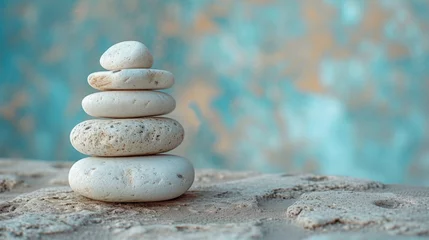 Fotobehang Stack of pebbles on sand dune with turquoise background, natural zen stone formation in desert landscape © VICHIZH