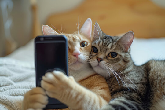 Couple of cat taking a selfie together with a smartphone