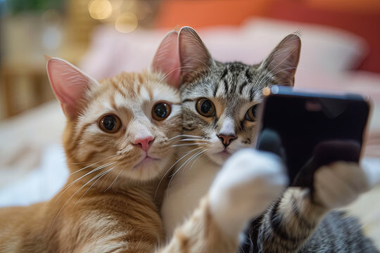 Couple of cat taking a selfie together with a smartphone