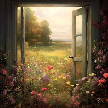 A beautiful painting of a flower field seen through an open window