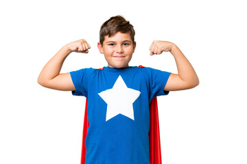 Little caucasian kid over isolated chroma key background in superhero costume and doing strong...