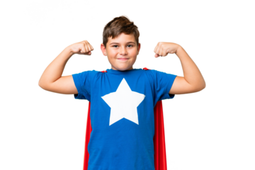Little caucasian kid over isolated chroma key background in superhero costume and doing strong gesture