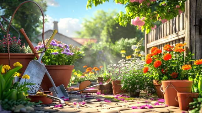 Gardening - Set Of Tools For Gardener And Flowerpots In Sunny Garden 