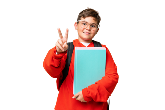 Little caucasian student kid over isolated chroma key background smiling and showing victory sign