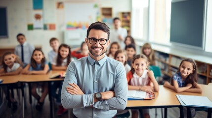 A smiling teacher in a class at school and pupils on background - obrazy, fototapety, plakaty