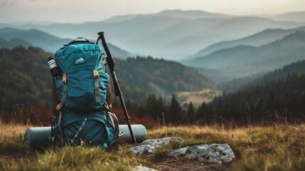 Hiking backpack with mat during trek in mountains. Camping and trekking equipment - obrazy, fototapety, plakaty