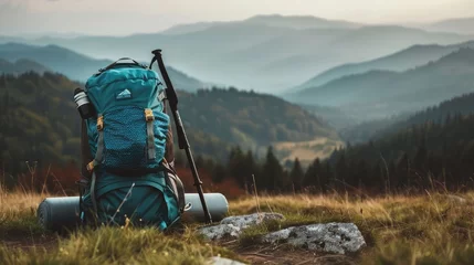 Foto op Aluminium Hiking backpack with mat during trek in mountains. Camping and trekking equipment © Emil