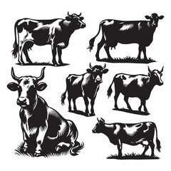 Set of cow silhouettes isolated on a white background, Vector illustration.