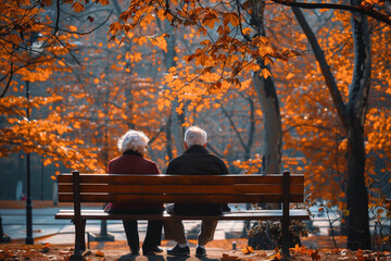 illustration of old couple sitting on bench in autumn park. Created with Generative AI - obrazy, fototapety, plakaty