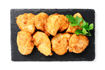 Chicken breast fried in batter or nuggets with chili sauce. top view.  isolated on white background