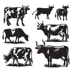 Set of cow silhouettes isolated on a white background, Vector illustration.