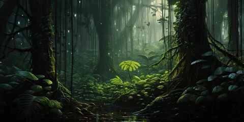 Foto op Canvas Paint draw rain in the forest. Adventure explore nature outdoor background scene © AkimD