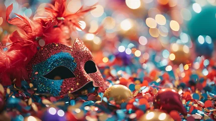 Gordijnen carnival mask, background with shining bokeh effect, bright shiny colored background, tinsel, sequins, holiday, confetti, AI Generation © Sippel