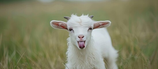 A small white goat is playfully sticking its tongue out while standing in a field. The goats tongue is visible as it makes a mischievous gesture in a natural setting.