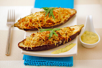 Stuffed aubergines with quinoa.