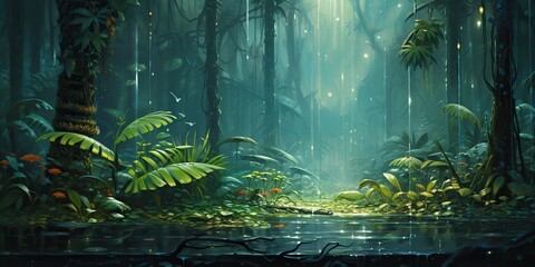 Paint draw rain in the forest. Adventure explore nature outdoor background scene