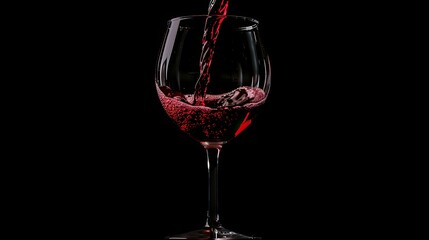 Pouring red wine in a glass goblet on black background