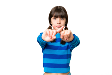 Little caucasian girl over isolated background making stop gesture with her hand to stop an act