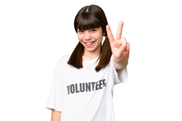 Little volunteer girl over isolated background smiling and showing victory sign