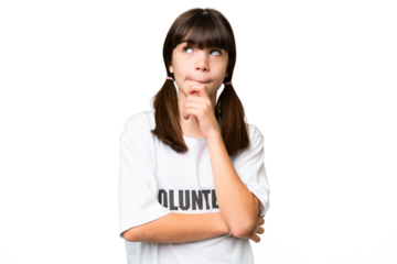 Little volunteer girl over isolated background having doubts and thinking