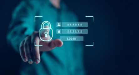 cyber security concept User privacy security and internet data protection concept Businessman protects personal information on the virtual computer screen	
