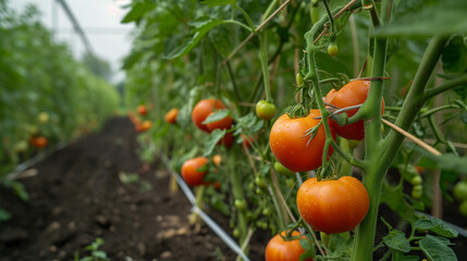 Beds with tomatoes on the farm.