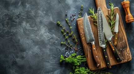 Set of kitchen knives on a board, top view