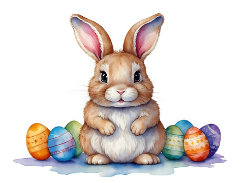 Cute bunny with easter eggs, png illustration watercolor on transparent background, for your print, greeting card design, t-shirt design