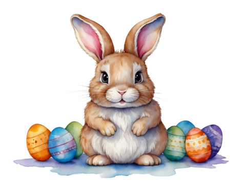 Cute bunny with easter eggs, png illustration watercolor on transparent background, for your print, greeting card design, t-shirt design