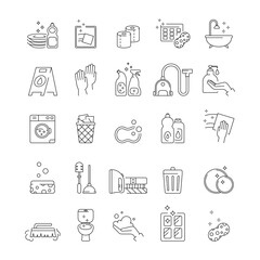 Clean icons. Cleaning service. Spray bottle. Disinfect hands. Wiping tissues. Laundry washer. Garbage dustbin. Washing tools. Safe virus detergent. Household cleaner. Vector garish line symbols set