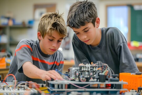 Two boys building robots and experimenting with electric circuits in engineering class at school
