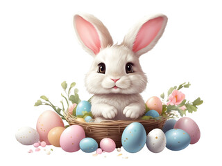 Cute bunny with easter eggs, png illustration watercolor on transparent background, for your print, greeting card design, t-shirt design