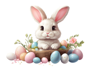 Cute bunny with easter eggs, png illustration watercolor on transparent background, for your print, greeting card design, t-shirt design