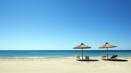 Inviting Beach Resort Relaxation with Sun Loungers and Umbrellas, Deserted sandy beach with inviting sun loungers under straw umbrellas